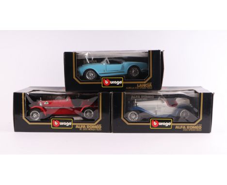 Three Bburago 1:18 scale diecast models comprising Lancia Aurelia B24 Spider (1955) cat no. 3010; Alpha Romeo 8C2300 Monza (1