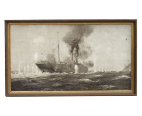 After Percy F S Spence - a sepia print of a WWI Merchant Navy ship under fire, framed & glazed, 69 by 38cms.