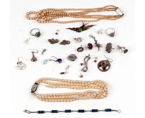 A quantity of assorted silver and other costume jewellery to include a Swift brooch, drop earrings, rings and faux pearl neck