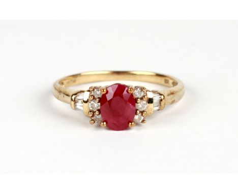 A 9ct gold ruby and diamond ring, approx UK size 'O', 2g.Condition ReportThe ruby is most likely to be synthetic.