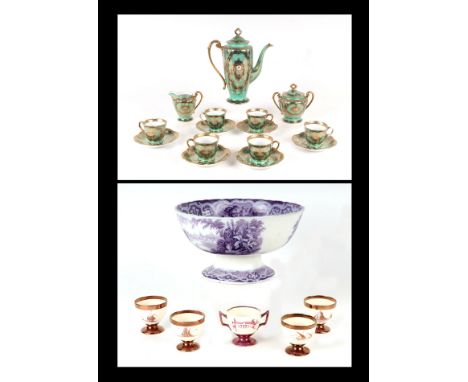 A Noritake six person coffee set with gilt and turquoise decoration; together with a Victorian ceramic punch bowl with transf