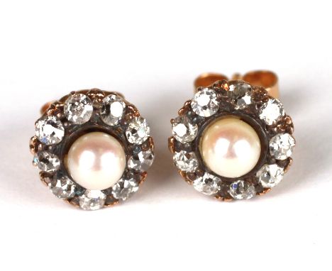 A pair of 9ct gold cultured pearl and diamond cluster stud earring, the central cultured pearl approx 4mm diameter surrounded