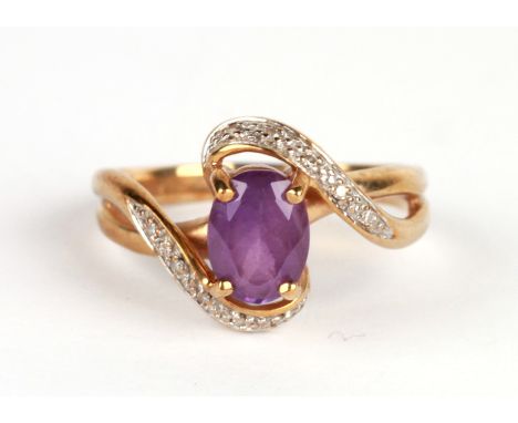 A 9ct gold diamond and amethyst dress ring, approx UK size 'P', 3.6g.