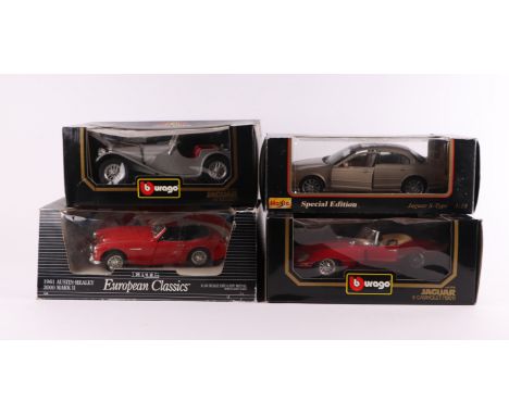 Four 1:18 scale diecast models comprising Bburago Jaguar 'E' Type (1961) cat no. 3016; Jaguar SS100 (1937) cat no. 3006; Mais