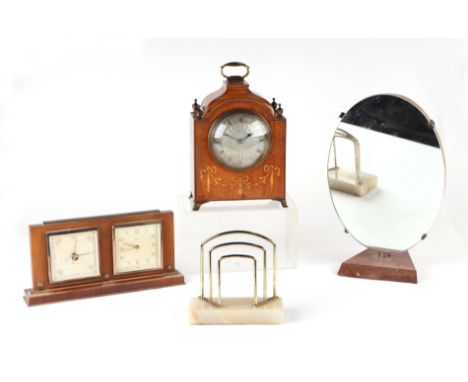 An Edwardian French mantle clock, the silvered dial with Roman numerals, in an inlaid satinwood case; together with a desktop