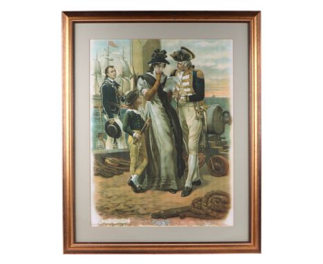 A 19th century coloured lithograph - The Last Sailing Orders of Lord Nelson - 40 by 52cms, framed & glazed.