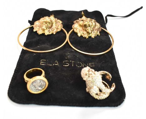 ELA STONE OF PARIS; a pair of costume jewellery large hoop earrings set with a lion's head, length of drop 10cm, a Robert Cav