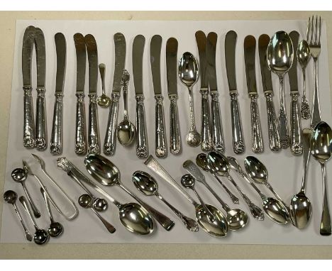 A group of hallmarked silver flatware comprising two preserve spoons, five teaspoons, six coffee spoons, small fork, pair of 