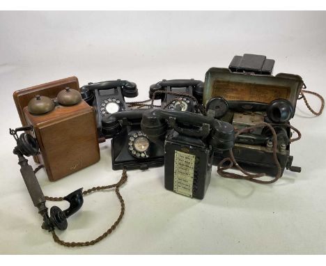 A collection of vintage telephones including three bakelite phones with rotary dials, a Sterdy phone, an Ericsson wooden box 