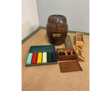 A Remy Martin games barrel and other gaming items including box of wooden dominoes, a box of wooden chess pieces (incomplete)