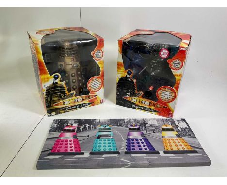 Two boxed 14" remote control toy Daleks in full working order and a canvas print of daleks.