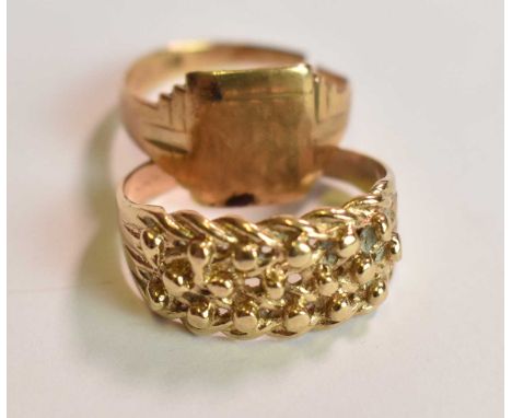 A 9ct yellow gold broad textured ring, size T 1/2, and a 9ct yellow gold signet ring (shank split), combined approx 7.9g (2).