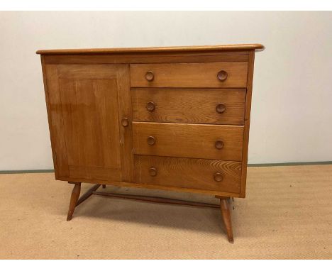 ERCOL; a mid century sideboard with four drawers including a cutlery drawer and a cupboard with one interior shelf, with Erco