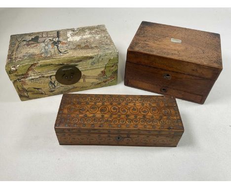 A Victorian rosewood travelling box with drawer to base, height 15cm, width 28cm, an Indian brass inlaid rectangular trinket 