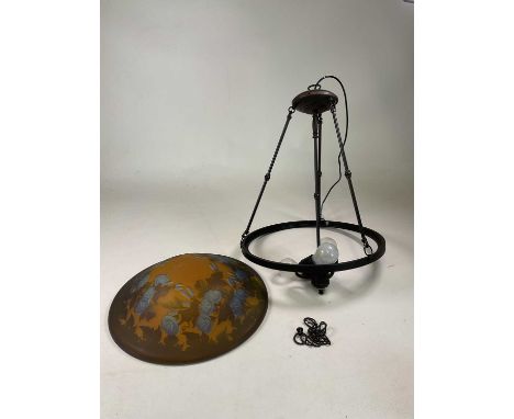 Art Nouveau Tiffany style ceiling light with amber glass shade decorated with blue floral design, approximate drop 64cm.