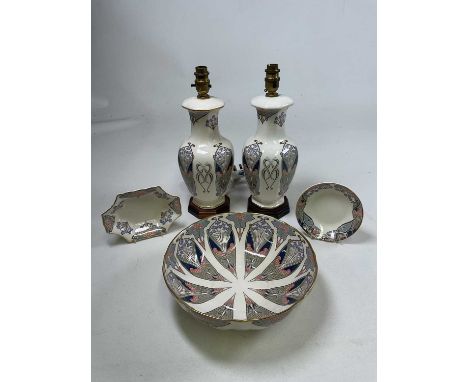 LIBERTY OF LONDON; a set of Masons Ironstone 'Ianthe' pattern ceramic items comprising two table lamps H; 30cm, a bowl Diamet