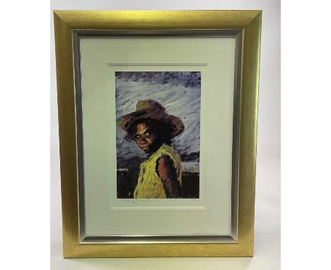 † ROLF HARRIS; a signed limited edition coloured print, 'Arnhemland Girl', numbered 253/695, the image 40 x 26cm, framed and 