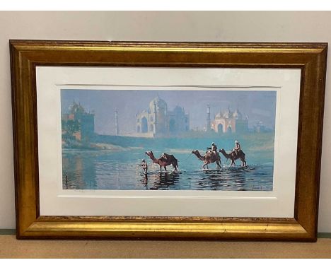 † ROLF HARRIS; a large signed limited edition print, 'Camels at the Taj Mahal', numbered 258/695, the image 43.5 x 90cm, fram