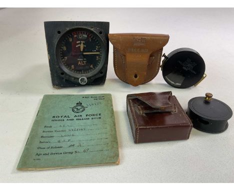 An Aircraft Altimeter and engineers' items, including an RAF service book, a United States Corps of Engineers' clinometer (19