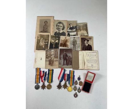 Two WWI medal trios, the first awarded to 28654 T-SJT.W. Houlton. R.E. together with his Royal Engineers 'Small Book', the se