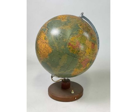 Mid 20th century German globe mounted on a circular teak base, height 45cm, width 30cm.