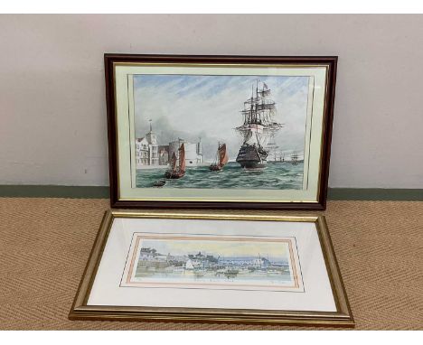 REX HUNTER; watercolour, masted vessel approaching harbour, signed, 28.5 x 41.4cm, and a Mark Gibbons signed limited edition 