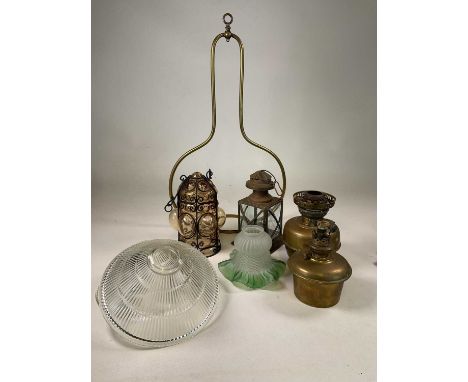 A pair of clear vintage holophane style glass ceiling lights, a Murano style bubble ceiling light in metal frame, two copper 