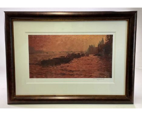 † ROLF HARRIS; a signed limited edition print, 'Barges at Westminster', numbered 44/695, the image 31.5 x 60cm, framed and gl