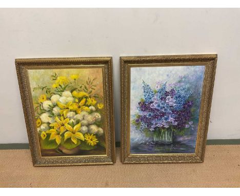 † JOAN CAWLEY (1925-2015); two oils on canvas, 'Yellow Lilies, Carnations and Yellow Daisies', and a further floral study, bo