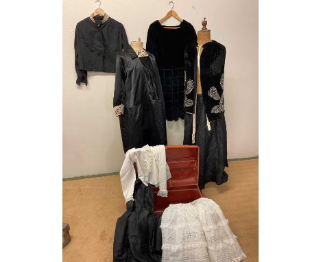 A collection of vintage clothing comprising a silk velvet beaded shoulder cape lined with gold metallic fabric, slips, a velv