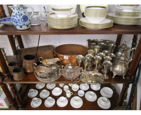 Shelf of silver plate, brass and copper