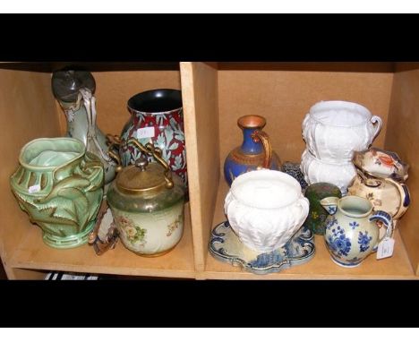 A Delft cream jug, three Royal Worcester fern leaf pots, and a range of other collectable ceramic ware - across two compartme