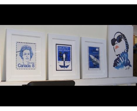 Three framed and glazed postage stamp prints in white frames, together with a canvas