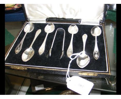 A cased set of six silver teaspoons and sugar tongs 