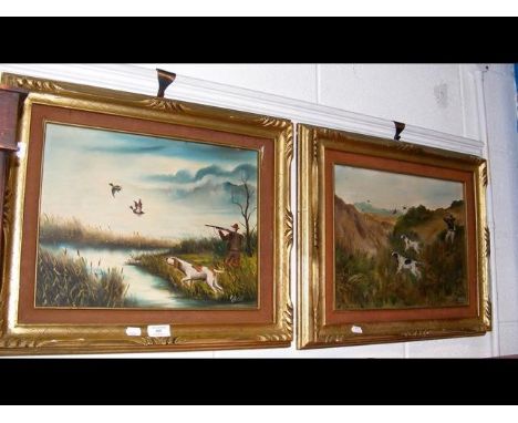 Two gilt framed oil paintings themed around duck hunting  