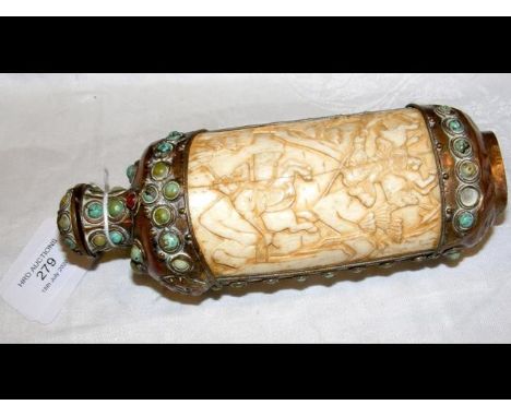 An antique Mongolian Chinese powder flask with metal and manganese decorations - 16cm long 