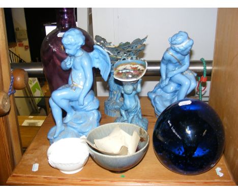 A Coalport sugar bowl, in the company of several blue-glazed ceramic figurines, Victorian glass dump etc