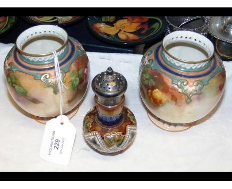 A pair of Royal Worcester hand painted floral vases - 9cm high, together with a small Doulton silver top pepperette CONDITION