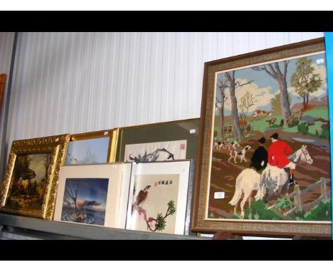 A free-standing framed tapestry of fox hunting scene, alongside various oriental embroideries, modern landscape photos and gi