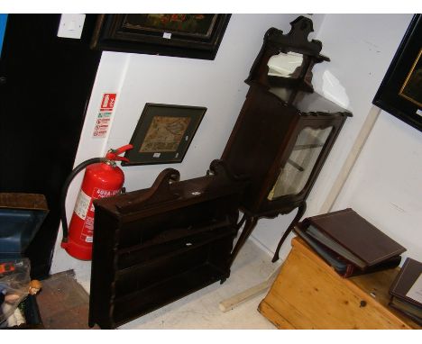 A mahogany display cabinet, together with a hanging wall shelf 