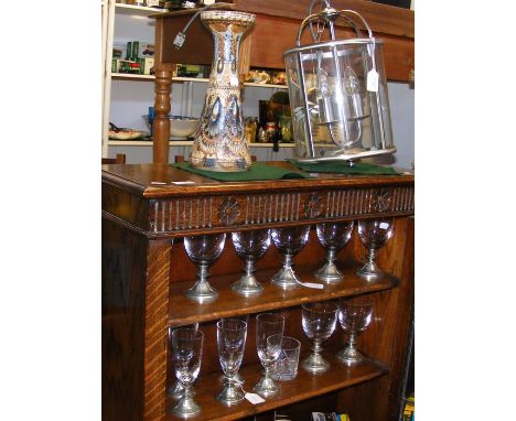 A French peacock-patterned vase signed Courjault La Cerisaie, together with modern birdcage light and a collection of Etains 