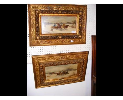 J ORLOFF - a pair of oil paintings on boards - Russian hunting scenes - in decorative gilt frames - the paintings 14cm x 30cm