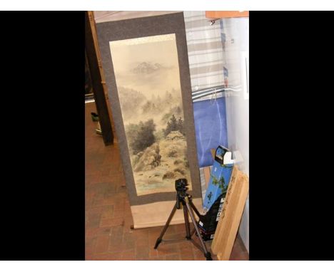 A Vanguard camera tripod together with an Oriental scroll in box