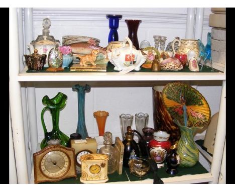 A collection of collectable ceramic and glassware, including miniature Wedgwood mantle clock 