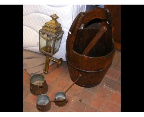 A Victorian style brass wall light, with antique wooden bucket etc.