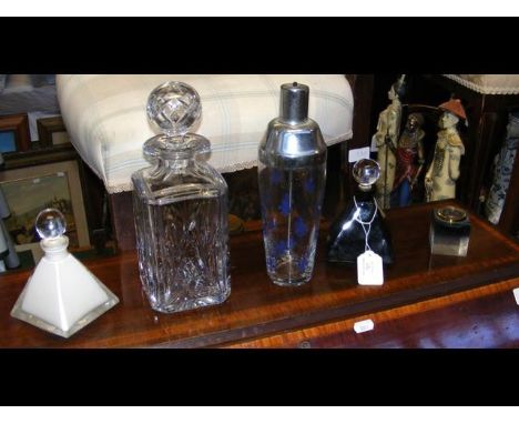 Various decanters and a vintage cocktail shaker etc. 