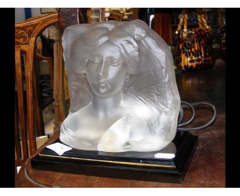 A frosted-glass table lamp depicting a lady's head - height 19cm 