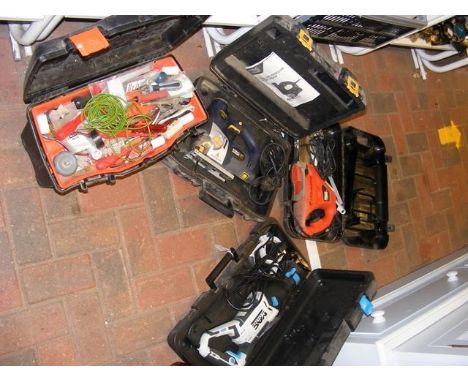 A Mac Allister jigsaw, a Black & Decker electric saw, a Mac Allister electric saw and a toolbox of assorted tools  