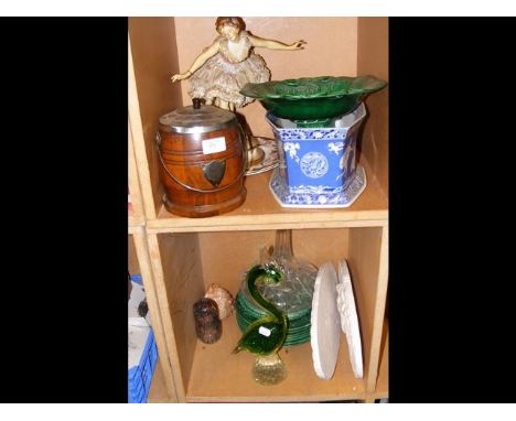 A cigar barrel, together with assorted collectable glass and ceramic ware - on two shelves
