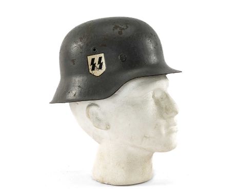 THE MILITARY CLUB HOUSE: BELIEVED EARLY THIRD REICH DOUBLE DECAL HELMET SS HELMET size 57 as per stamps to interor leather, o